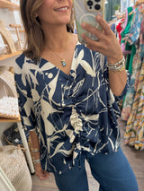 Navy Print Drawstring Top
