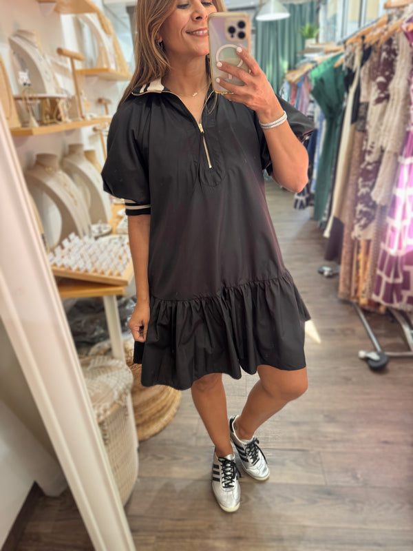 Black Front Zipper Drop Waist Dress