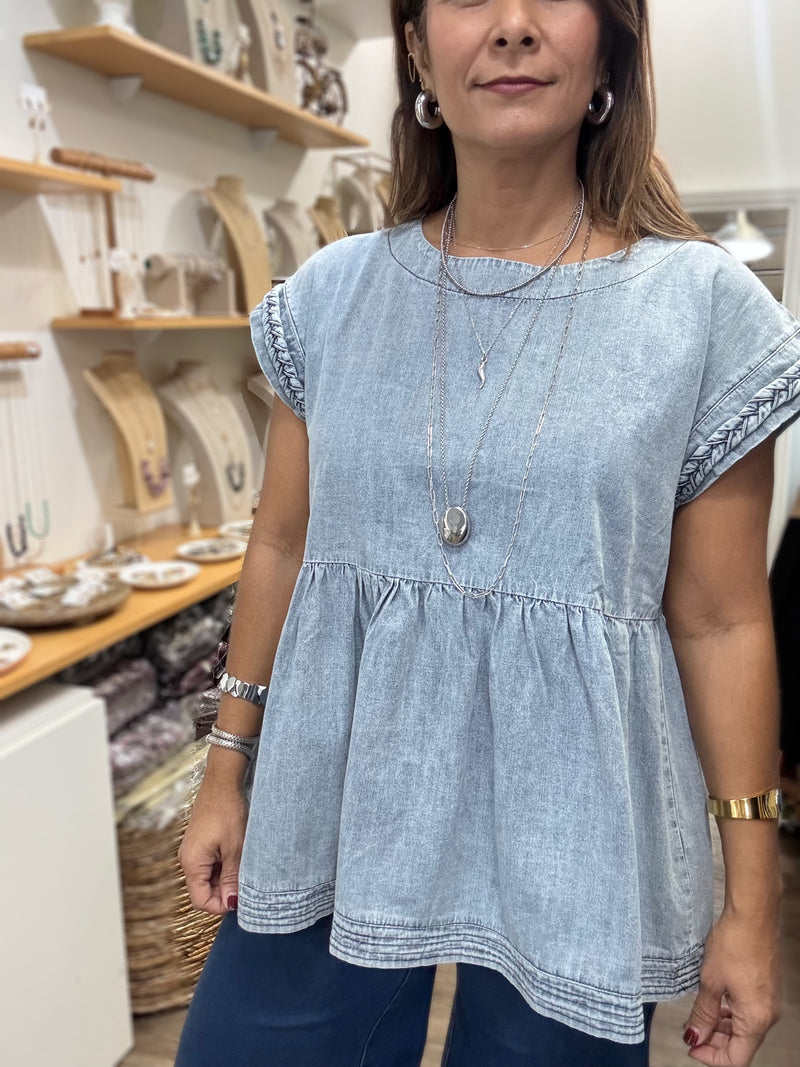 Light Denim Braid Detail Top