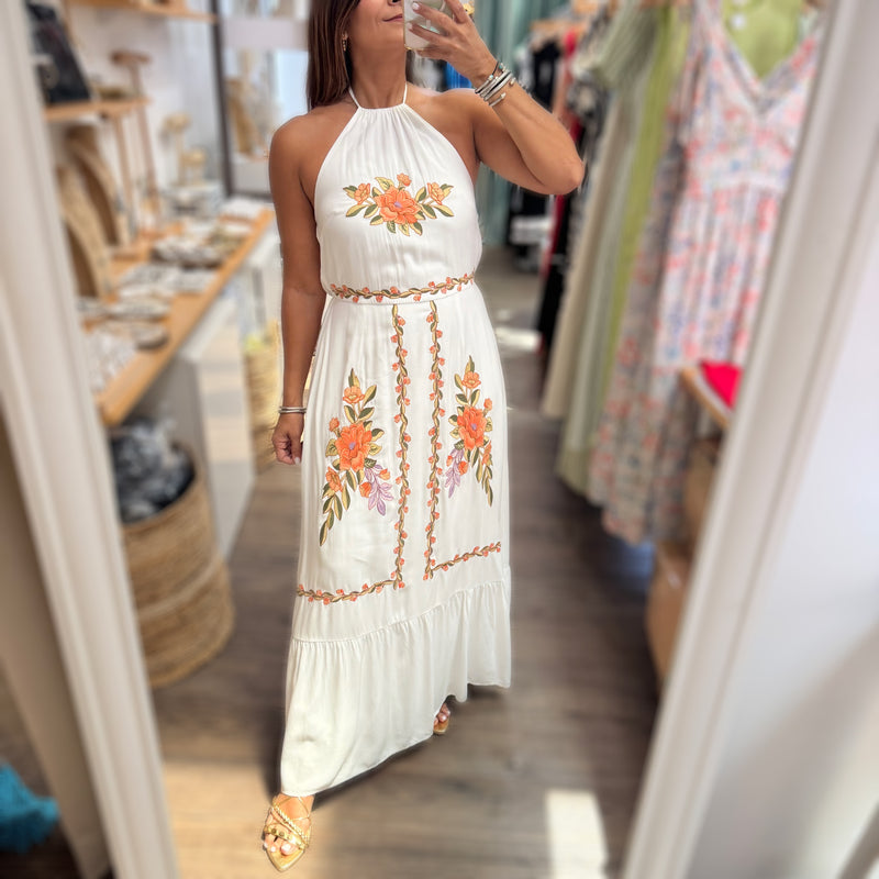 White Embroidered Halter Maxi Dress