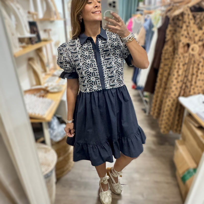 Navy Embroidered Detail Dress