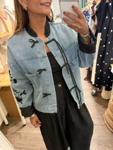Mandarin Neck & Embroidered Sleeves Denim Jacket