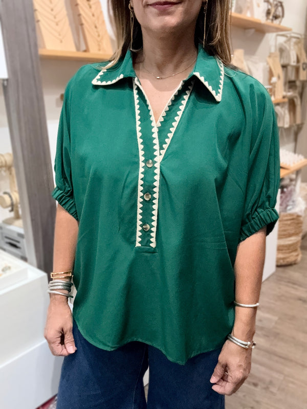 Hunter Green Embroidered Detail Collared Top