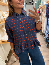 Navy Polka Dots Button Down Top