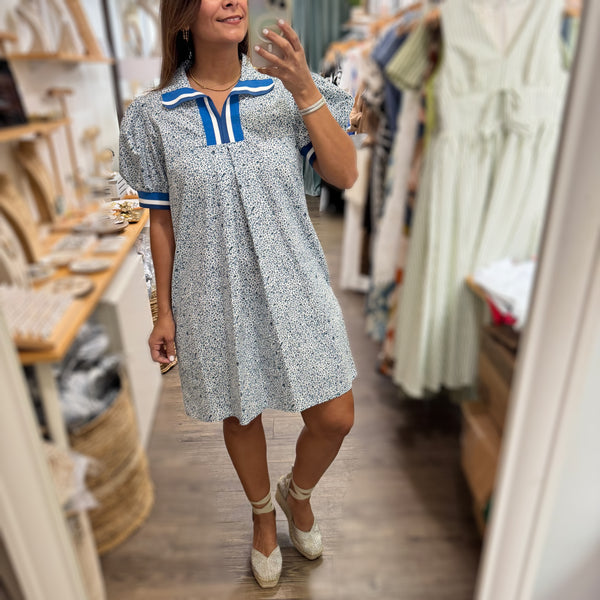 Blue Print Neck Detail Dress