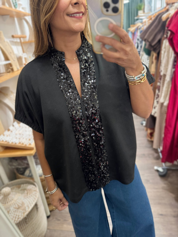 Black Sequin Detail Textured Top