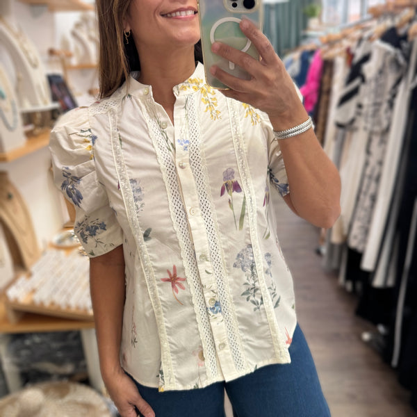 Ivory Lace Detail Print Top