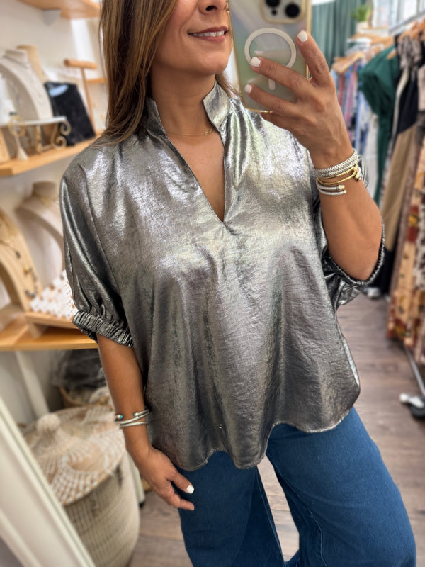 Silver Metallic Dolman Sleeves Top