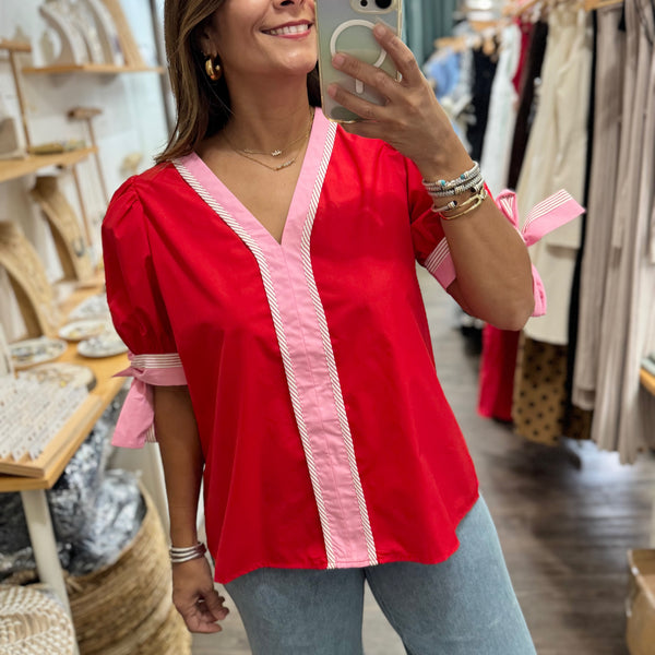Red & Pink V-Neck Top