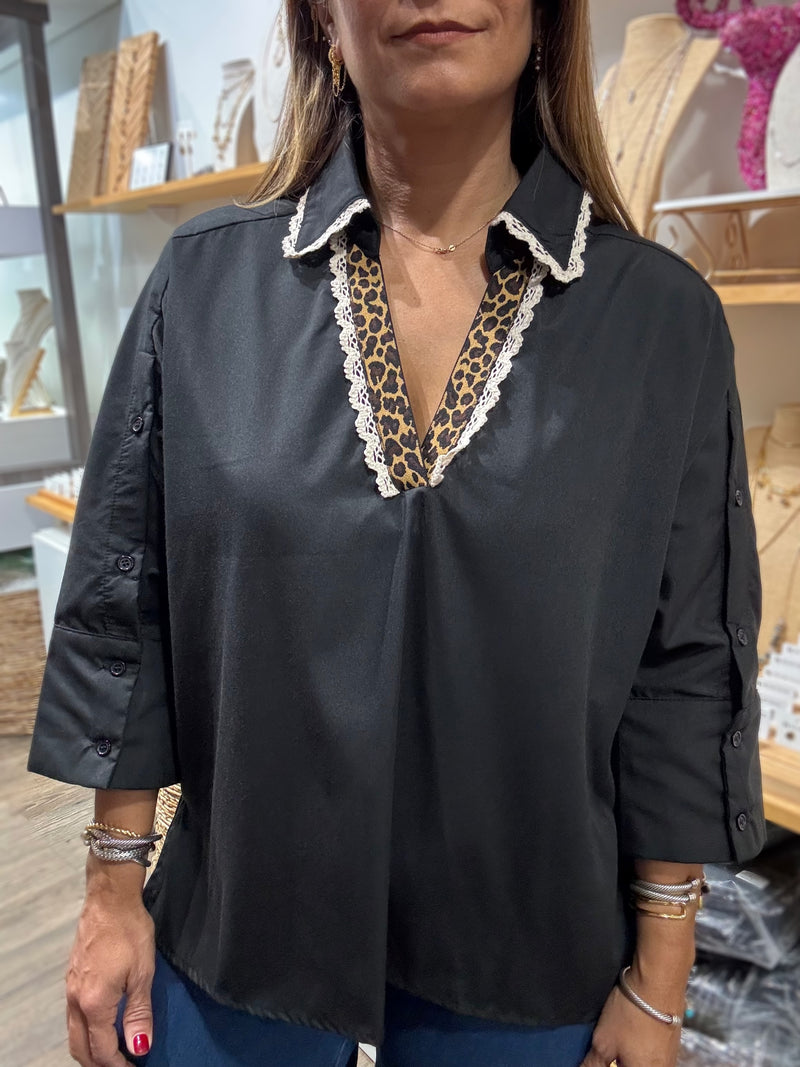 Black Lace Trim 3/4 Sleeves Top