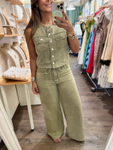 Olive Green Denim Top & Pants Set