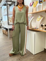 Olive Top & Side Stripes Pant Set