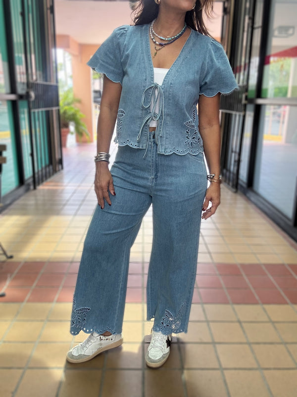 Light Denim Ties Front Top & Pant Set