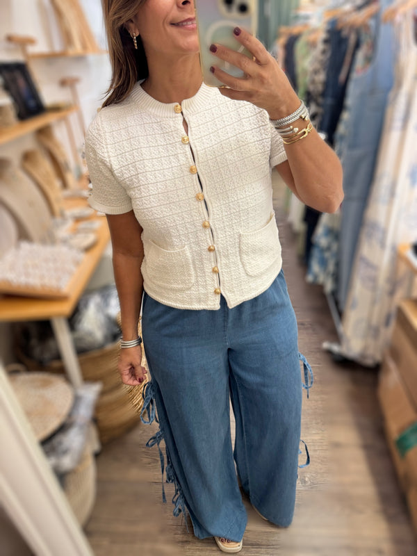 Ivory Knitted Front Buttons Top