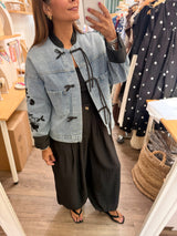 Mandarin Neck & Embroidered Sleeves Denim Jacket