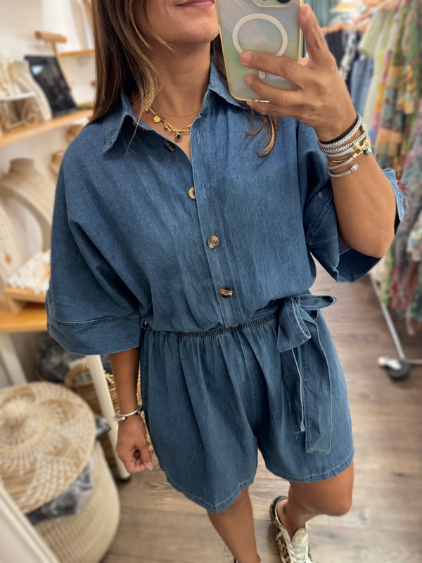 Denim Elastic Waist Romper