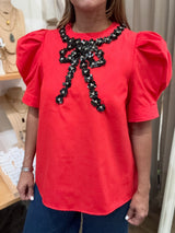Red Embellished Bow Detail Top