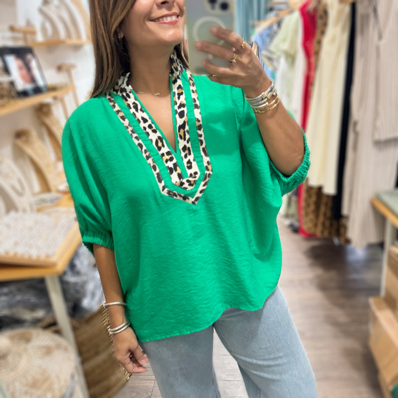 Green Leopard Print Neck Top