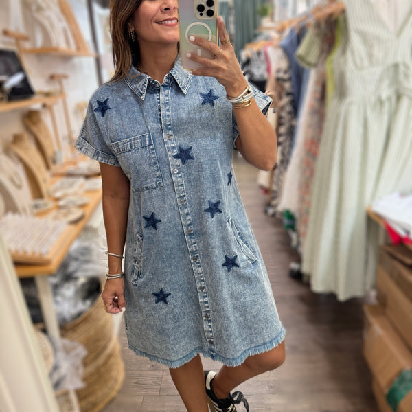 Stars Denim Button Down Dress