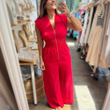 Red Smocked Waist Jumpsuit