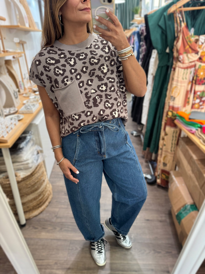 Grey Leopard Print Front Pocket Top