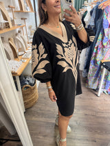Black & Taupe Applique Dress