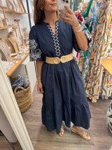 Navy Embroidered Sleeves Tiered Dress
