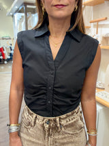Black Shirred Front Top