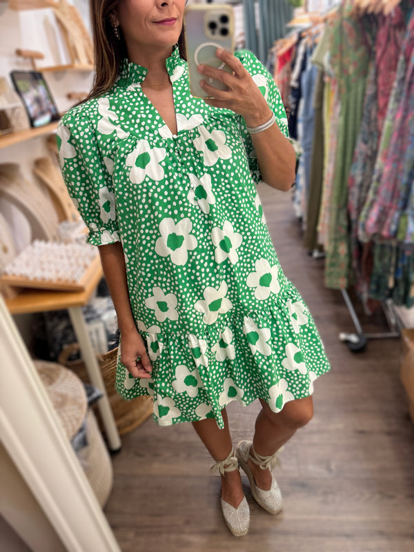 Green Floral Print Drop Waist Dress