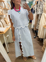 Blue Stripes Scalloped Top & Skirt Set
