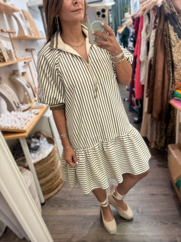 Olive Stripes Front Zipper Dress