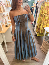 Dusty Blue & Brown Strapless Dress