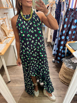 Green Print Asymmetrical Hem Dress