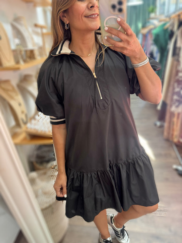 Black Front Zipper Drop Waist Dress