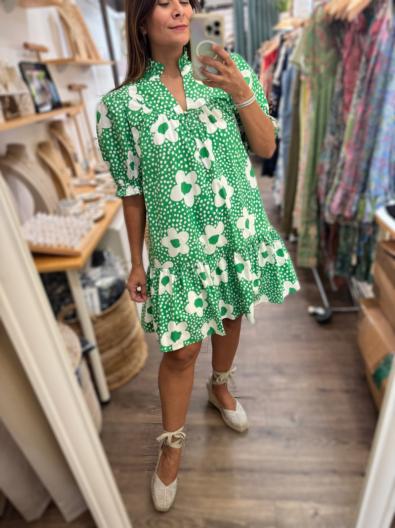 Green Floral Print Drop Waist Dress