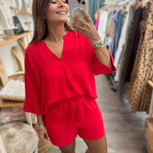 Red V-Neck Top & Shorts Set