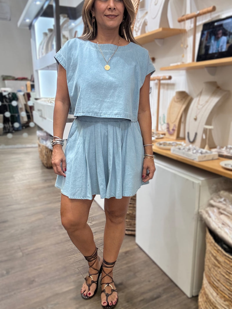 Light Denim Top & Skirt Set