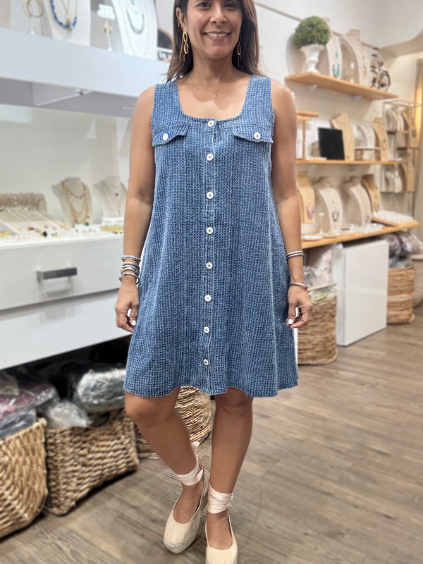 Denim Square Neck Textured Dress