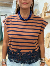 Brown & Navy Lace Hem Detail Top