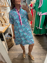 Aqua & Purple Print Neck Detail Dress