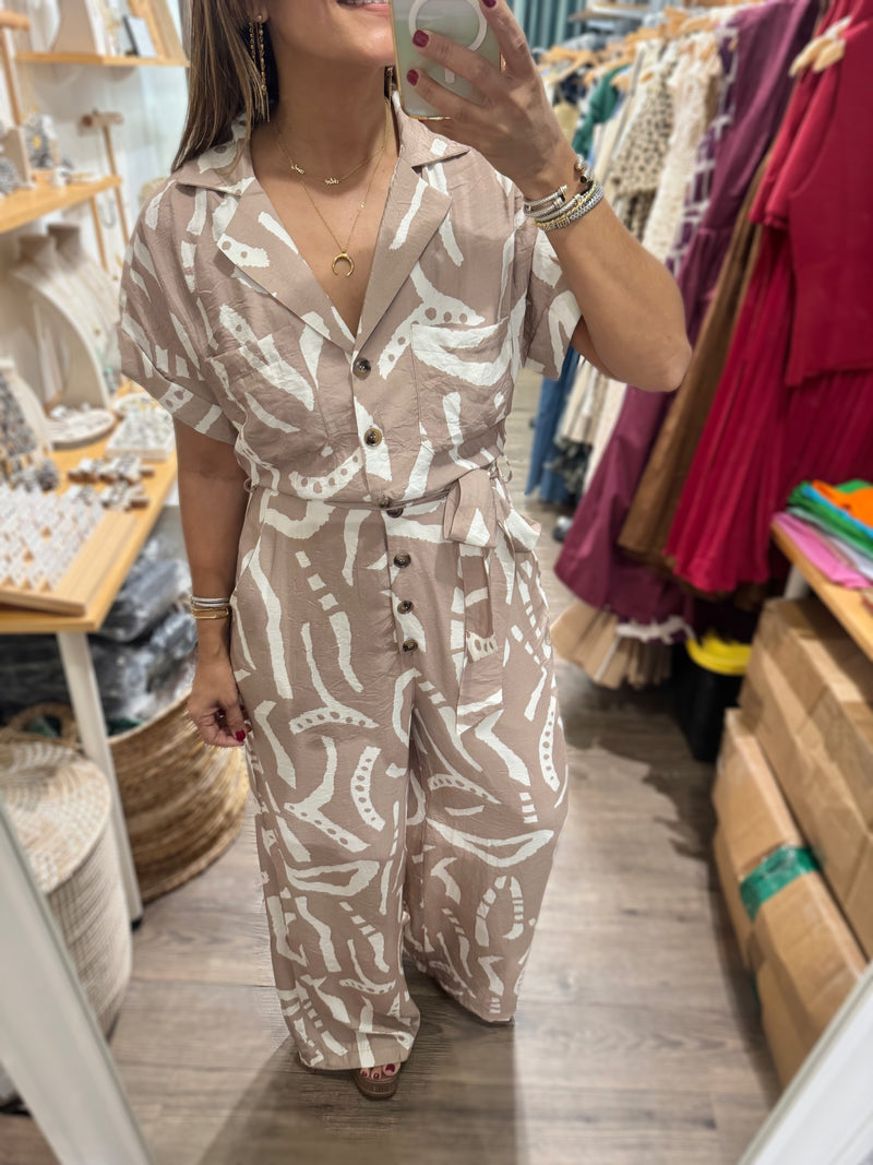 Taupe Print Collared Jumpsuit