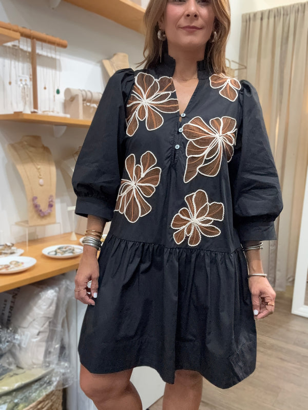 Black Embroidered Flowers Dress