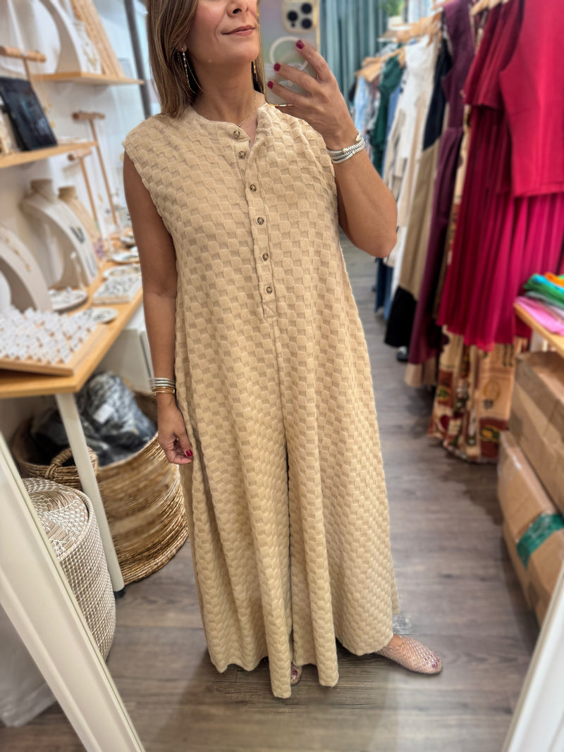 Sand Wide Leg Textured Jumpsuit