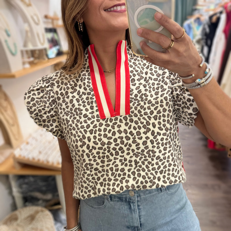 Red Neck Detail Leopard Print Top