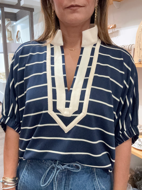 Navy & Ivory Stripes Top