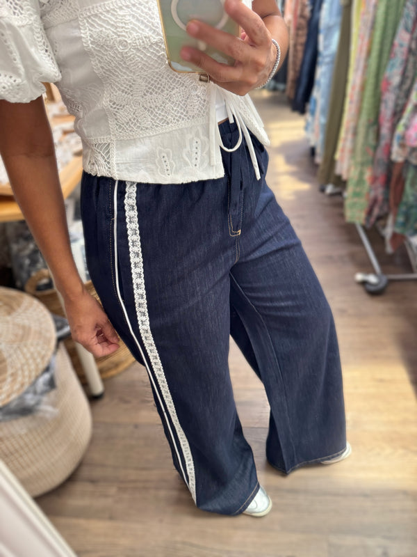 Lace Detail Dark Denim Drawstring Pant