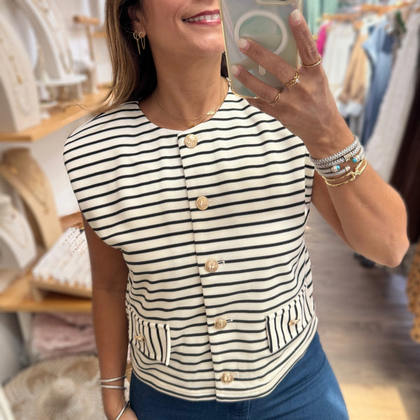 Black Stripes Button Detail Top
