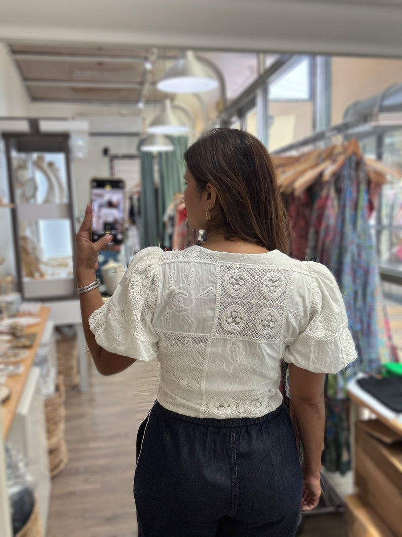 White Crochet Contrast Top