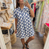Blue Geometric Print Shirt Dress