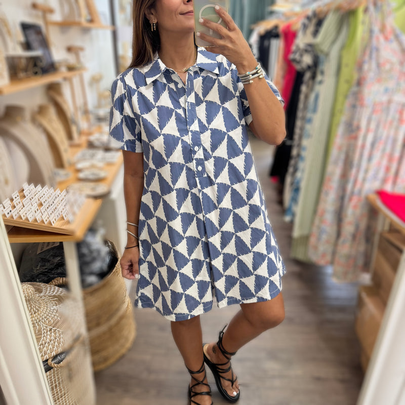 Blue Geometric Print Shirt Dress